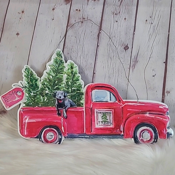 Hanging Metal Christmas Xmas Red Truck Black Lab Labrador Dog Pines Hanging Sign - Picture 3 of 15